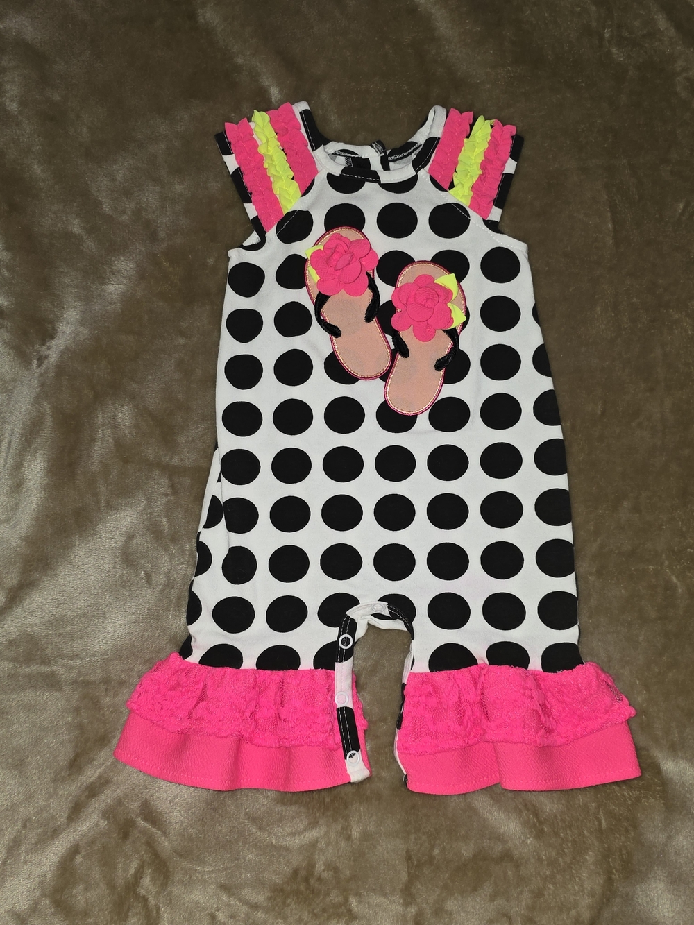 Polka Dot One-Piece Romper with Neon Pink Ruffle Accents